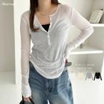 ヘンリーネック シアー トップス レディース 長袖トップス カットソー プルオーバー ロングtシャツ リブトップス 体型カバー 長袖 リブ スナップボタン t05