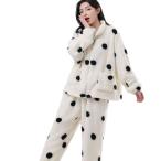 ルームウェア レディース 冬 ハイネック 前開き 上下セット もこもこ パジャマ 水玉 ホワイト 防寒 暖かい 長袖 快適 着痩せ トップ