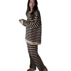 ルームウェア レディース 冬 上下セット もこもこ パジャマ コーラル ストレート ルーズ ストライプ 冷え対策 長袖 快適 着痩せ