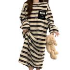 ルームワンピース 冬 パジャマ レディース ボーダー柄 ロング丈 フランネル モコモコ ネグリジェ 部屋着 寝巻き 厚手 寒さ対策 暖か