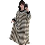 冬 ネグリジェ レディース パジャマ ルームワンピース フランネル 厚手 大きいサイズ ロング丈 ボーダー柄 部屋着 寝巻き ナイトウェア