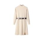 ワンピース ニット ミニワンピ レディースドレス ケーブル編み ベルト付き スリット ハイネック 春服 秋着 冬服 長袖 スウェット 細身
