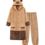 冬用 レディース パジャマ ルームウェア フランネル 厚手 ふわふわ ナイトガウン ロング丈 カピバラ 家着 2点セット 保温 あったか