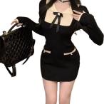 ショッピングニットワンピ ミニワンピース ニット レディース タイト ドレス ブラック 黒 リボン ワンピ カットソー スウェット 暖かい 保温 可愛い 重ね風