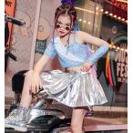 キッズ ダンス衣装 ガールズ ヒップホップ ジャズダンス 韓国 チアガール 応援団 ブルー スパンコール 銀 スカート セット アップチア へそ出し 練習着