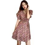 ワンピース 花柄 レディース 半袖 パフスリーブ ミニワンピース Vネック フレア Aライン ショート丈 可愛い 春物 ショートワンピース