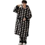 モコモコパジャマ メンズ ブラック ナイトガウン 冬 暖か フリース素材 普段着 ふわふわ フランネル カジュアルホームセット