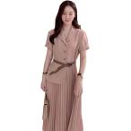 ワンピース レディース シャツワンピース 半袖 七分袖 プリーツスカート パフスリーブ vネック Aライン ミモレ丈 体型カバー ゆったり