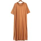 パジャマ レディース 夏向き ワンピース ロング丈 ネグリジェ ルームウェア 半袖 丸首 伸縮性 ゆったり 涼しい 薄手 通気 吸湿 無地