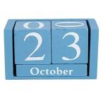 カレンダーブロック、ヴィンテージの木製パーペチュアルデスクカレンダー木製キューブカレンダー月日付表示ホームオフィスデコレーション(Blue)