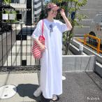 ワンピース レディース ロング マキシ 春 夏 半袖 きれいめ コットン 綿 Iライン 無地 カットソー 白 黒 グレー おしゃれ シンプル