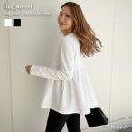 カットソー レディース 長袖 コットン 綿 トップス Tシャツ ゆったり ペプラム 異素材 切り替え フリル フレア 無地 おしゃれ 韓国