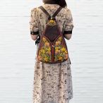 2WAY рюкзак сумка one плечо вышивка ввод телячья кожа черный × желтый цветочный принт женский легкий большая вместимость ходить на работу посещение школы путешествие "мамина сумка" этнический 