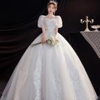 ショッピングウェディング ウェディングドレス 小さいサイズ ホワイト 白 フェミニン 姫系 Aライン 結婚式 ドレス パーティー パフスリーブ ロング XS S M L  紐タイプ 花嫁 スパンコール
