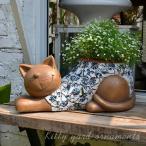 プランター ネコ ブルー 青 花柄 ガーデニング 植木鉢 フラワーポット ガーデニング 雑貨 ガーデン雑貨 ガーデンインテリア ガーデン インテリア 庭の装飾