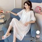 ネグリジェ 春夏 姫 ネグリジェ 白ワンピース レースネグリジェ ロング丈 半袖パジャマ レディース 大人可愛い部屋着 オシャレルームウェア