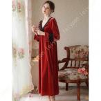 レース 蝶結び付き ナイトウエア ルームウェア ネグリジェ ロング 姫系  ワンピース 春 秋 冬 レディース 寝巻き 部屋着 婦人服 きれいめ 袖付き 長袖