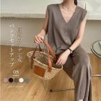 パンツセットアップ レディース サマーニット セットアップ カーディガン 袖なし パンツドレス 春 夏 夏服 上下セットアップ ワイドパンツ