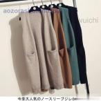 ニットベスト ジレ ロング丈 レディース アウター カーディガン ノーボタン ノースリーブ 秋服 無地 春秋 ポケット付き カジュアル オシャレ 前開き