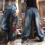  Denim джинсы широкий брюки женский осень лето цветочный принт вышивка талия резина длинные брюки свободно модный новый продукт 2022