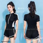 ノンワイヤー 水着ワンピース レディース 水泳服 ワンピース 水着 露出が少ない スイムウェア 半袖 スポーツ風 レトロ ワンピース水着 カップ付き