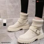 風 ショートブーツ レディース 2wayニットブーツ バックルベルト 厚底ブーツ 歩きやすい ハイカット ブーツ おしゃれ
