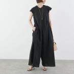 anana アナナ オールインワン a99-015 レディース リネン スリット コンビネゾン ワイドパンツ フレンチスリーブ BLK