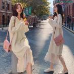 ニットワンピ ロング丈 レディース ロングワンピ 秋 ニット 抜け感 ワンピース ゆったり Vネック ニットワンピース 偽二枚 チュール裾