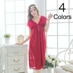 ネグリジェ レディース 女性用 婦人服 半袖 Vネック ロング丈 パジャマ ワンピース ルームウエア インナーウエア ナイトウエア レース リボン