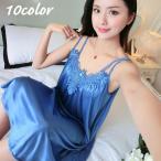 スリップ ネグリジェ レディース 女性用 ランジェリー ルームウェア 部屋着 ワンピース ノースリーブ Vネック 膝丈 サテン調 フラワー レース 光