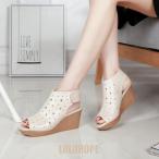 ウェッジソールサンダル レザー オープントゥ レディース ブーツサンダル　ウェッジソール ブーティ　美脚 ブーツ レディース　パンプス　サマーブーツ