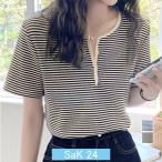 ヘンリーネック Tシャツ ボーダー柄半袖 ボーダー柄トップス 配色 サマーニット ニットソー 着やせ