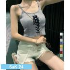 キャミソール レースアップ リブニ�