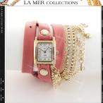 LA MER COLLECTIONS ラメールコレクション 腕時計 ブレスレット レディース 女性 メンズ クリスタル チェーン ハート 鍵 キー ピンク レザーベルト 3ラップ