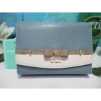 送料無料 サマンサタバサ ロゴ入 フラワー リボン ベルト 牛革 三つ折り財布 折財布 ミニ財布 ダルブルー 新品 タグ付 ギフト包装無料 開運 金運up