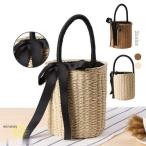 ショッピングストローバッグ かごバッグ バケツ型 リボン付き ストローバッグ 手提げ バスケット ハンドバッグ 鞄夏ペーパーストローバッグ 巾着 ブラウン ベージュ