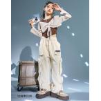  девочка танцевальный костюм диафрагмирования cut and sewn рубашка короткий топ бежевый брюки-карго 3 позиций комплект Cheer девушка hip-hop Jazz Dance одежда девочка hip