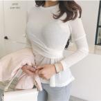 丸襟 Tシャツ ギャザー タイトトップス カットソー レディース 長袖 無地 超薄手 春秋 セクシー 着痩せ キレイめ オシャレ 胸元 カシュクール ガーリー