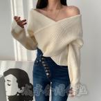 オフショルダー長袖レディースニット...