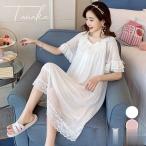 ネグリジェ 春夏 姫 ネグリジェ 白ワンピース レースネグリジェ ロング丈 半袖パジャマ レディース 大人可愛い部屋着 おしゃれ 白 ルームウェア