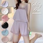 ランジェリー パジャマ 2点セット レディース キャミソール ショートパンツ ストレッチ サテン シルキー レース 涼しい 薄手 無地 光沢 上品 40代 春夏 夏 夏用