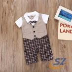 ベビーロンパース 子供服 ベビー服 男の子 カバーオール フォーマルスーツ つなぎ シェンヘン チェック 長袖 蝶ネクタイ ベスト セットアップ風 重ね着風