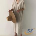 ワンピース レディース リネンワンピース Vネック スリット マキシワンピース シェンヘン 大きいサイズ ゆったり 綿麻混ワンピース ロングワンピース おしゃれ