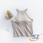 リブ カップ付き ノースリーブ 全5色 タンクトップ 締め付けない キャミソール シェンヘン カップ付きインナー トップス ブラキャミ ホルターネック パッ