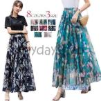 夏ワンピース シフォンスカート マキシスカート 花柄 ウエストゴム ハイウエスト ロングスカート シンプル レディ