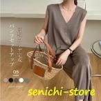 パンツセットアップ レディース サマーニット セットアップ カーディガン 袖なし パンツドレス 春 夏 夏服 上下セットアップ ワイドパンツ