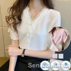 ブラウス 半袖 レディース シフォン ラッフルスリーブ レース tシャツ トップス ゆったり オフィス 通勤 涼しい 薄手 おしゃれ カジュアル