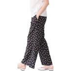 水玉 ドット 柄 ストレッチ 可愛い ワイド パンツ ガウチョ ウエスト 紐 ゴム ポケット付 薄手( ブラック,  M Long)