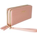 長財布 ダブルファスナー 大容量 通帳ケース スマホ収納 ラウンドファスナー ハンドストラップ付き レディース(ベビーピンク)