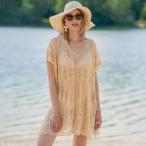 ビーチウェア 水着の上に着るワンピ レディース チュニック ニットソー 透け感 おしゃれ 日焼け防止 紫外線対策 体型カバー 羽織り 水着 ラッシュガード